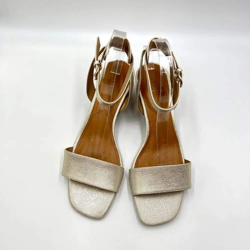 NYDJ Womens Size 9.5 Georgia Gold Wood Block‎ Heels Dress Sandals Shoes